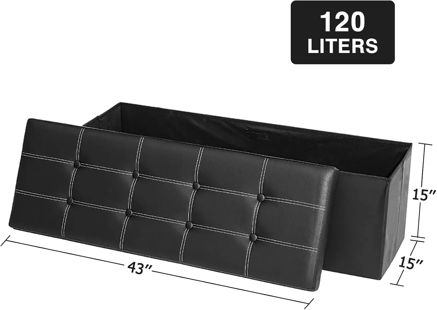 43 Inches Folding Storage Ottoman Bench Storage Chest Footrest Padded Seat for Bedroom Living Room Faux Leather Black