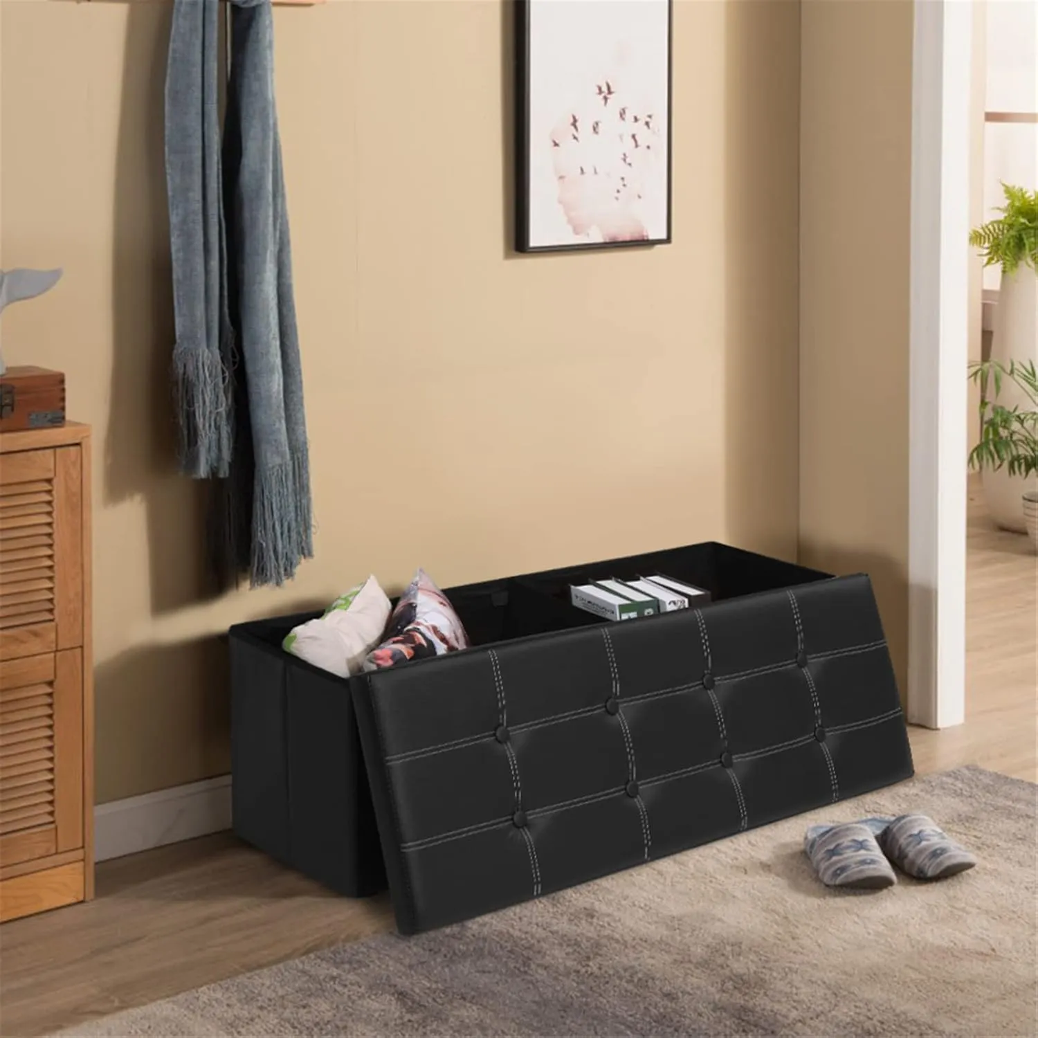 43 Inches Folding Storage Ottoman Bench Storage Chest Footrest Padded Seat for Bedroom Living Room Faux Leather Black