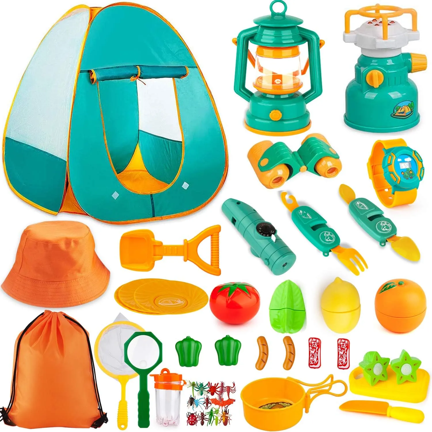 45Pcs Kids Pop Up Play Tent Set - Indoor/Outdoor Pretend Play with Camping Gear Tools for Toddler Boys/Girls - Including Telescope, Walkie Talkie, Tent, Stove