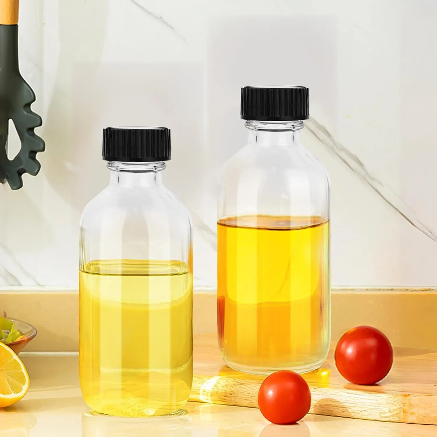 4OZ Small Glass Bottles with Lids and Funnels, 120ml Boston Round Glass Bottles, Leak Proof Mini Travel Bottles, Perfect for Diy Essential Oils, Hot Sauce and Juices, 24 Pack Clear