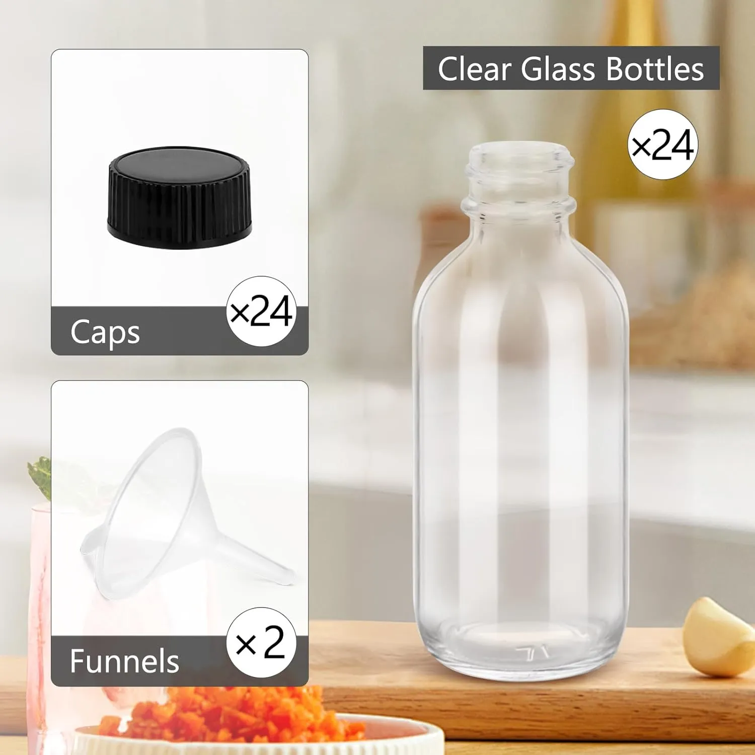 4OZ Small Glass Bottles with Lids and Funnels, 120ml Boston Round Glass Bottles, Leak Proof Mini Travel Bottles, Perfect for Diy Essential Oils, Hot Sauce and Juices, 24 Pack Clear