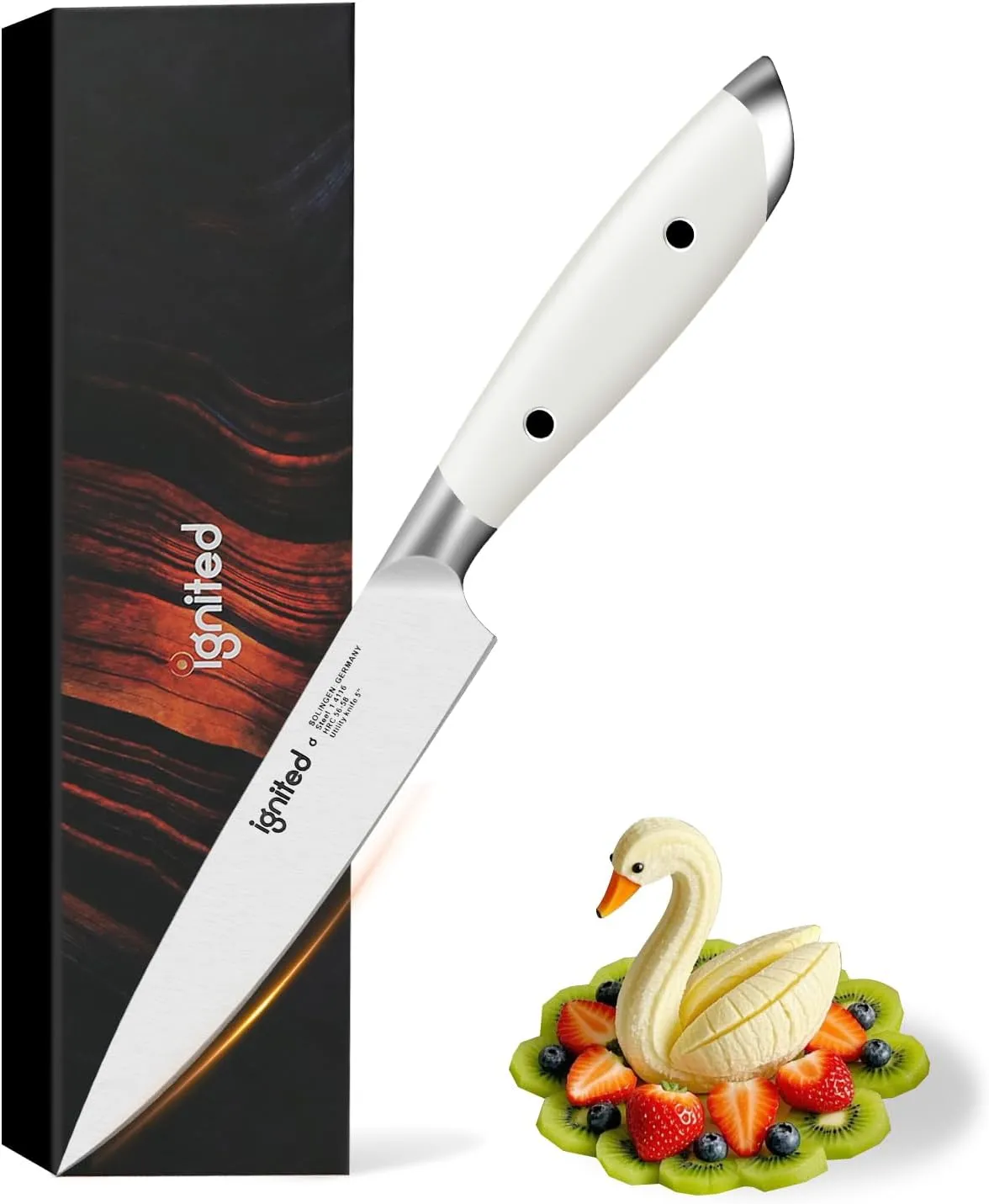 5 inch Paring Knife, German 1.4116 Stainless Steel Fruit Vegetable Peeling Knives, Ivory White Handle, Razor Sharp Small Kitchen Knife with Gift Box