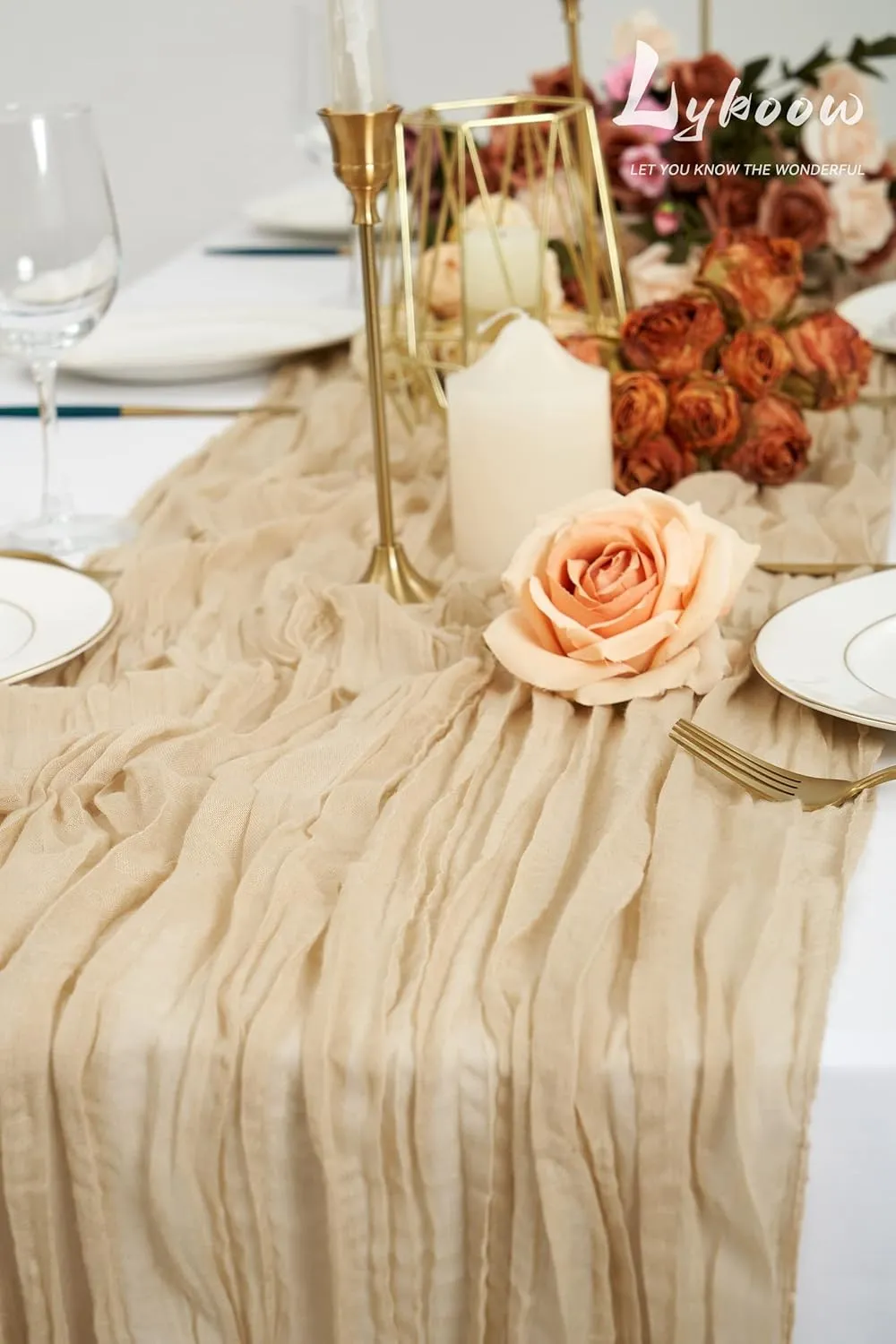 5 Packs Cheesecloth Table Runner Beige, 10Ft Rustic Gauze Boho Wedding Table Runner Decoration, Wedding Table Decor Table Cloth for Wedding Party Bridal Shower Table(35x120 inch)