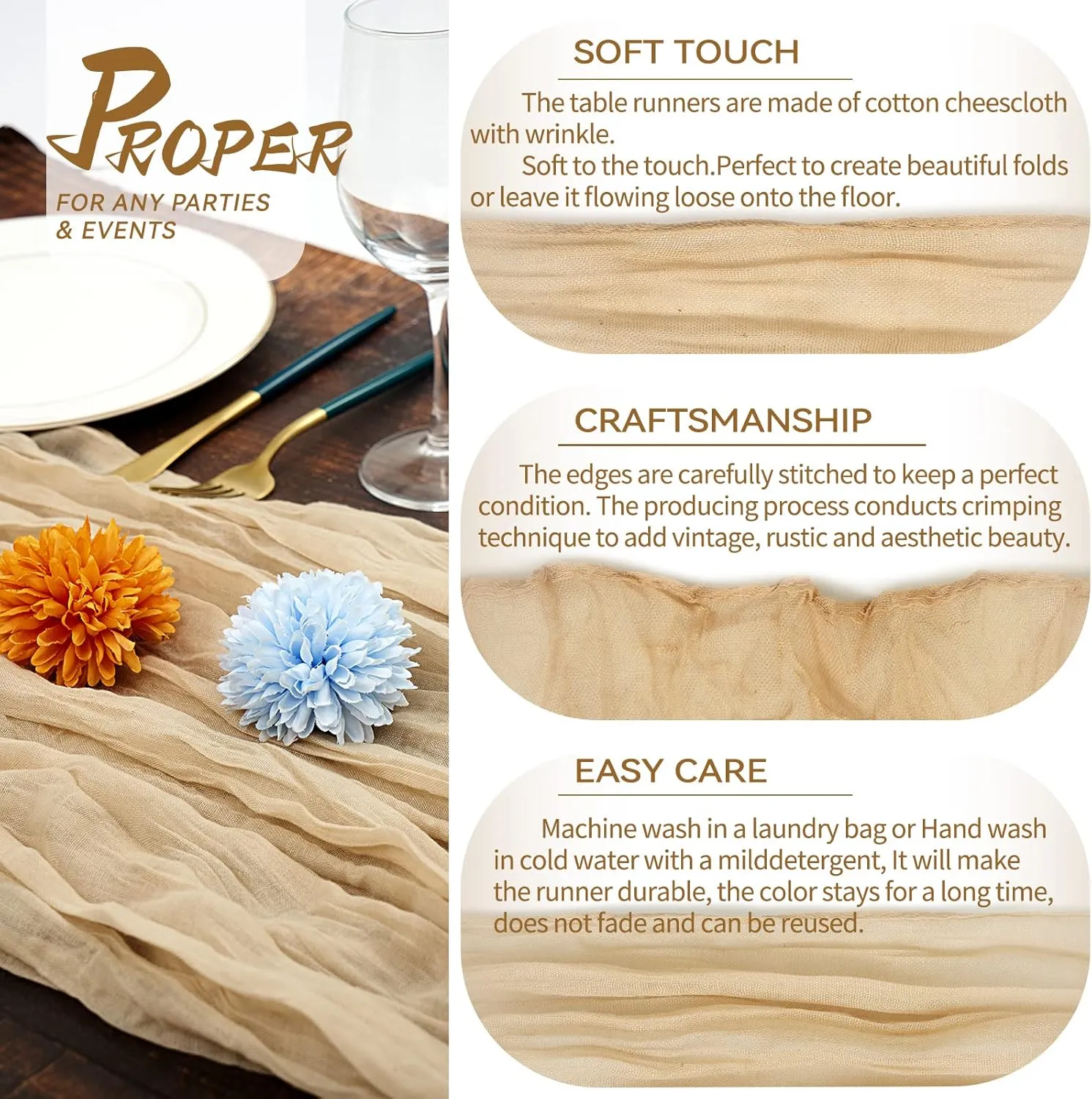 5 Packs Cheesecloth Table Runner Beige, 10Ft Rustic Gauze Boho Wedding Table Runner Decoration, Wedding Table Decor Table Cloth for Wedding Party Bridal Shower Table(35x120 inch)