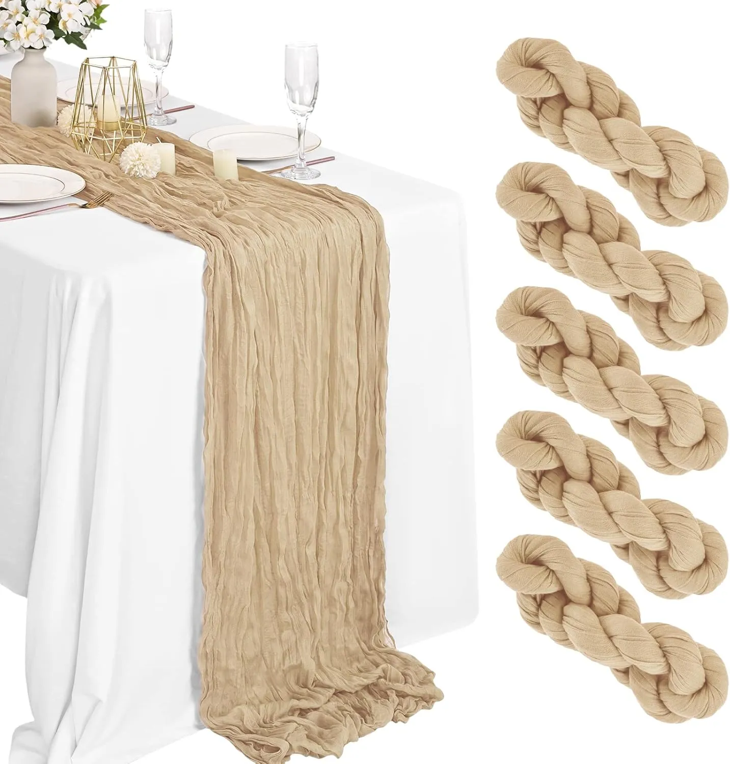 5 Packs Cheesecloth Table Runner Beige, 10Ft Rustic Gauze Boho Wedding Table Runner Decoration, Wedding Table Decor Table Cloth for Wedding Party Bridal Shower Table(35x120 inch)