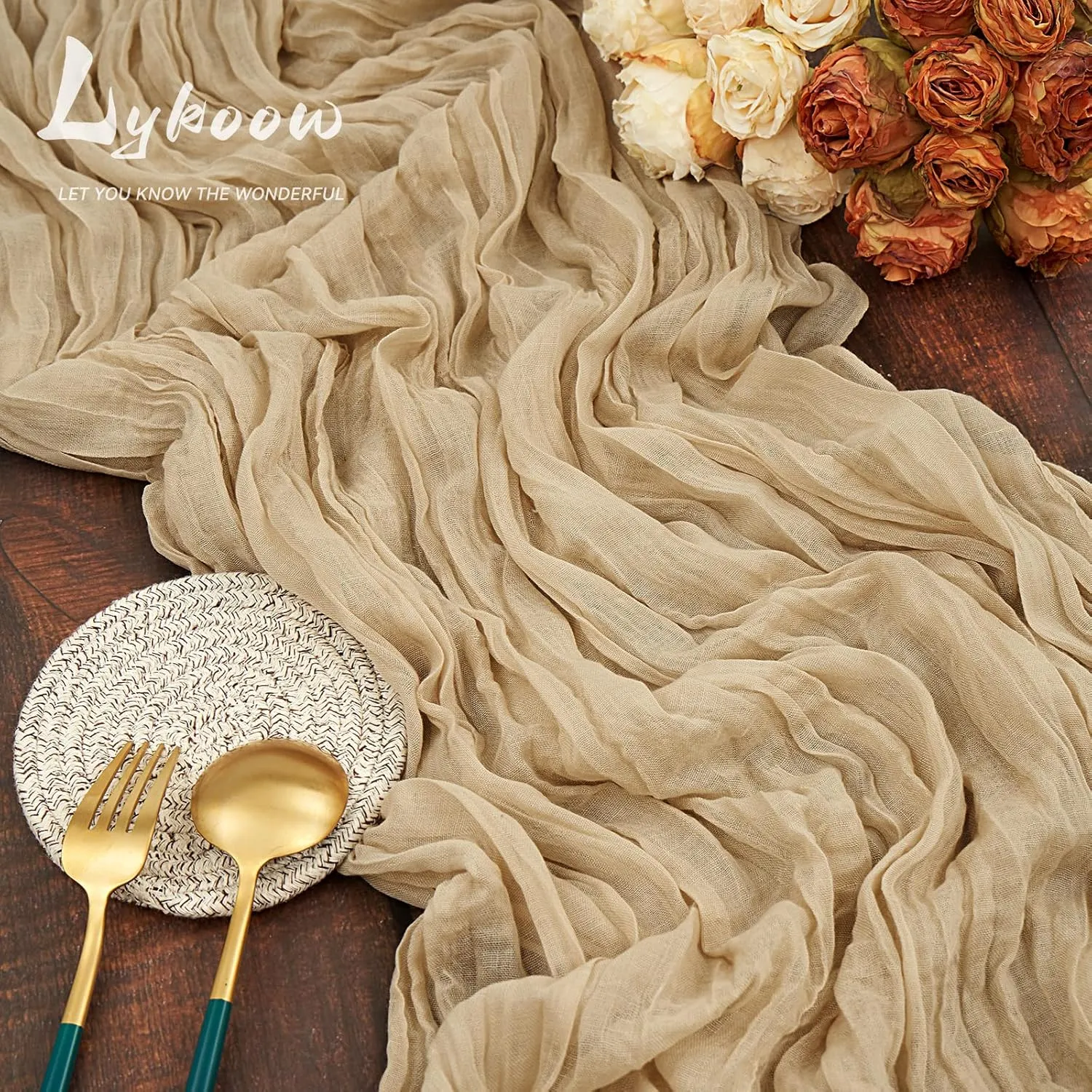 5 Packs Cheesecloth Table Runner Beige, 10Ft Rustic Gauze Boho Wedding Table Runner Decoration, Wedding Table Decor Table Cloth for Wedding Party Bridal Shower Table(35x120 inch)