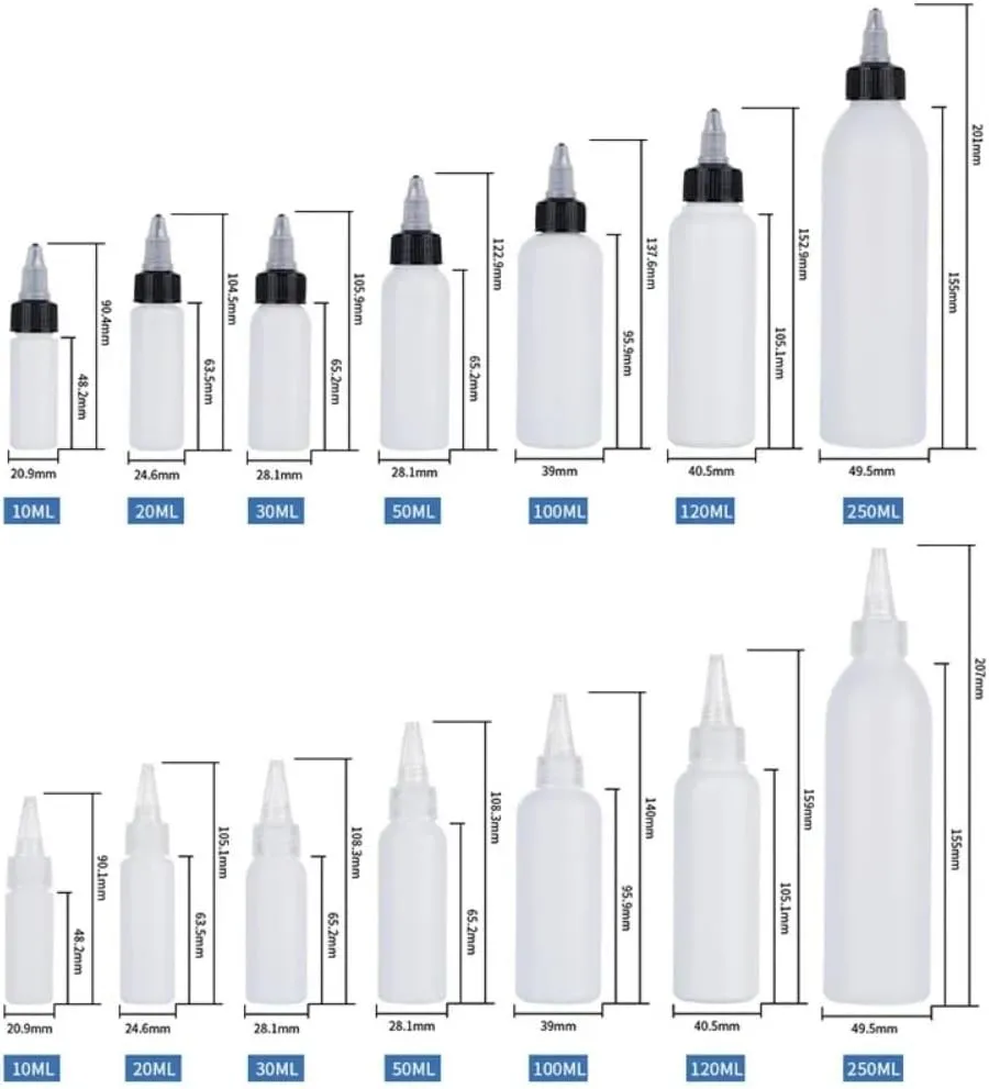 50PCS 10ml-250ml Plastic HDPE Squeeze Bottles with Twist Top Cap Travel Dispensing Containers for Paint Art Craft Liquids Lotion Glue Translucent (20ml-Hair water cover,white)