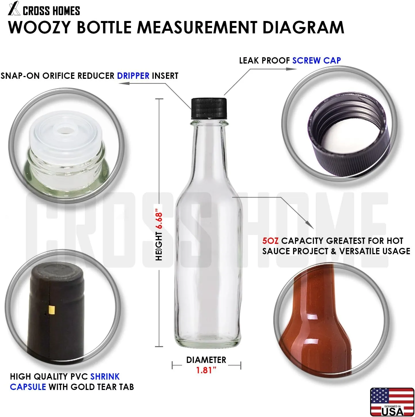 5oz Hot Sauce Bottles, Empty Clear Glass Woozy Bottles with Shrink Capsules, Small Wine Bottle with Shirnk Bands, Canning Bottle Cap Orifice Reducer Self-Printable Labels Free Design Template 30 BLACK