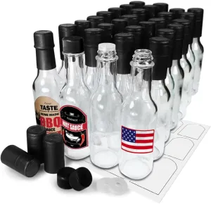 5oz Hot Sauce Bottles, Empty Clear Glass Woozy Bottles with Shrink Capsules, Small Wine Bottle with Shirnk Bands, Canning Bottle Cap Orifice Reducer Self-Printable Labels Free Design Template 30 BLACK