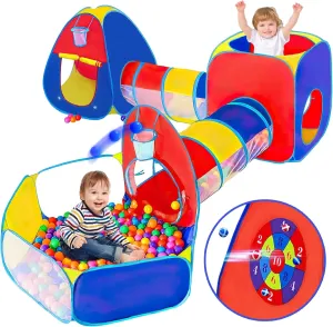 5pc Ball Pit, Play Tent and Tunnels for Kids, 1 Ball Pit, 2 Tents, 2 Crawl Tunnels, 2 Ball Hoop, Gift Target Game with 6 Dart Balls, Indoor & Outdoor Playhouse Bundle with Bag