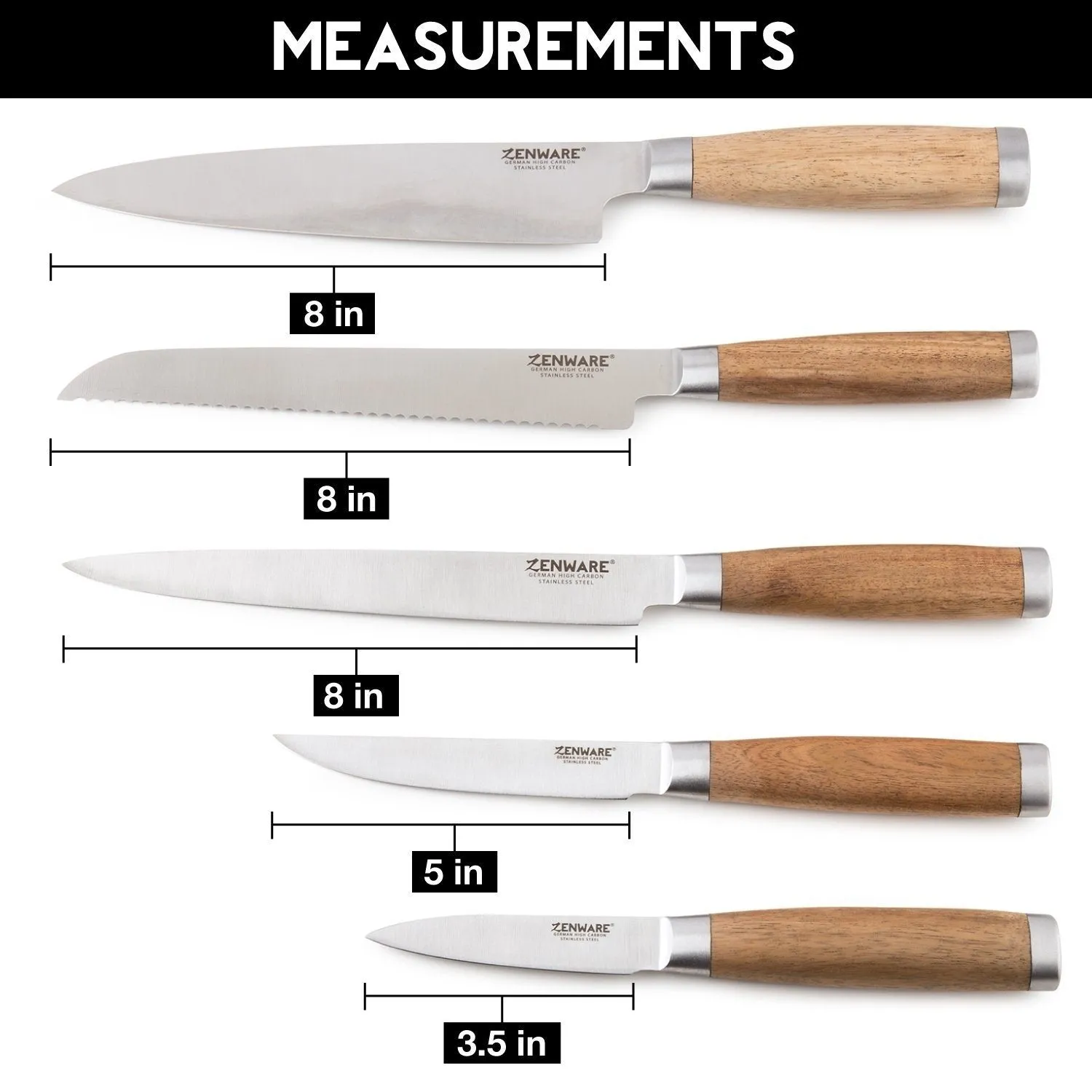 6-Piece: Zenware German Stainless Steel Kitchen Knives Set with Bamboo Magnetic Block