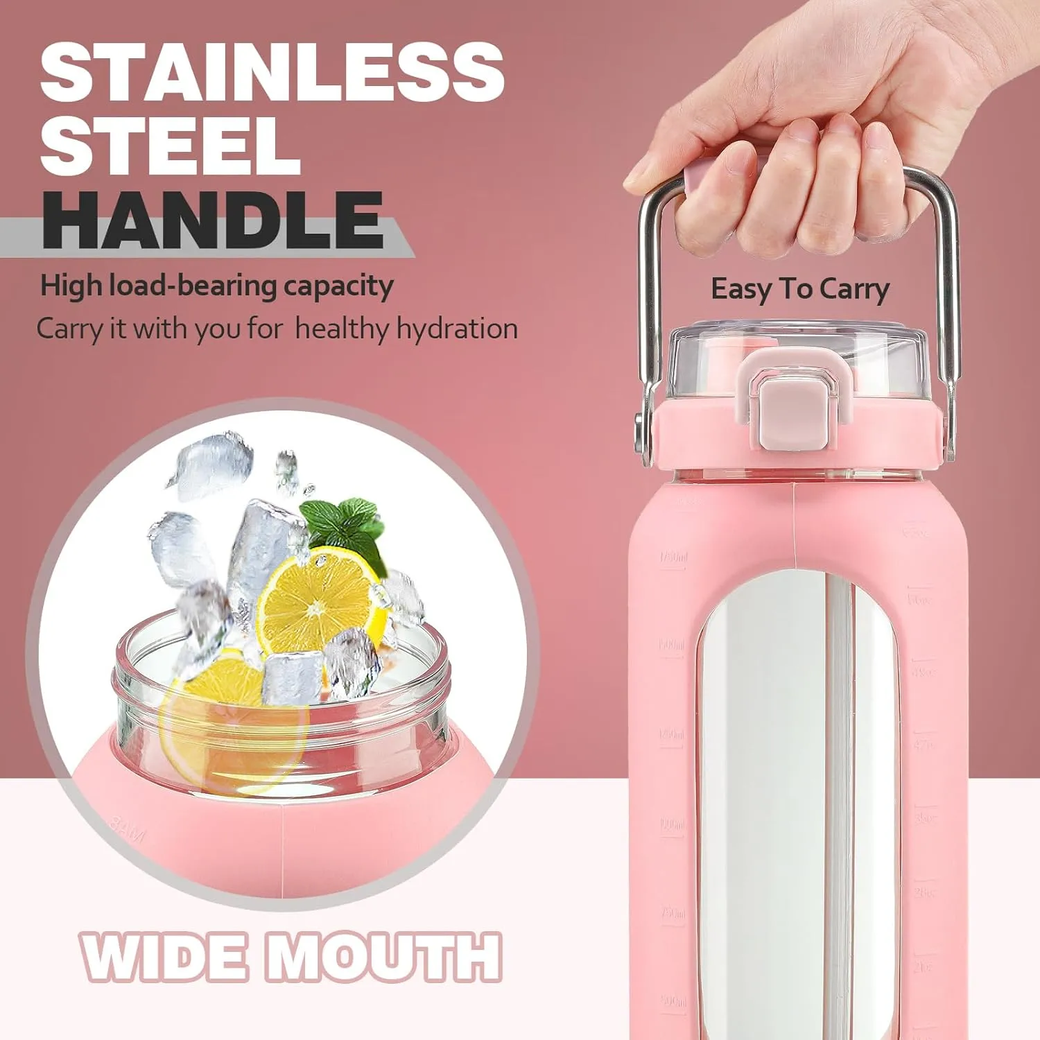 64oz Glass Water Bottle with Straw, Stainless Steel Handle, Motivational Time Marker, Pink