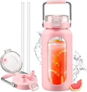 64oz Glass Water Bottle with Straw, Stainless Steel Handle, Motivational Time Marker, Pink