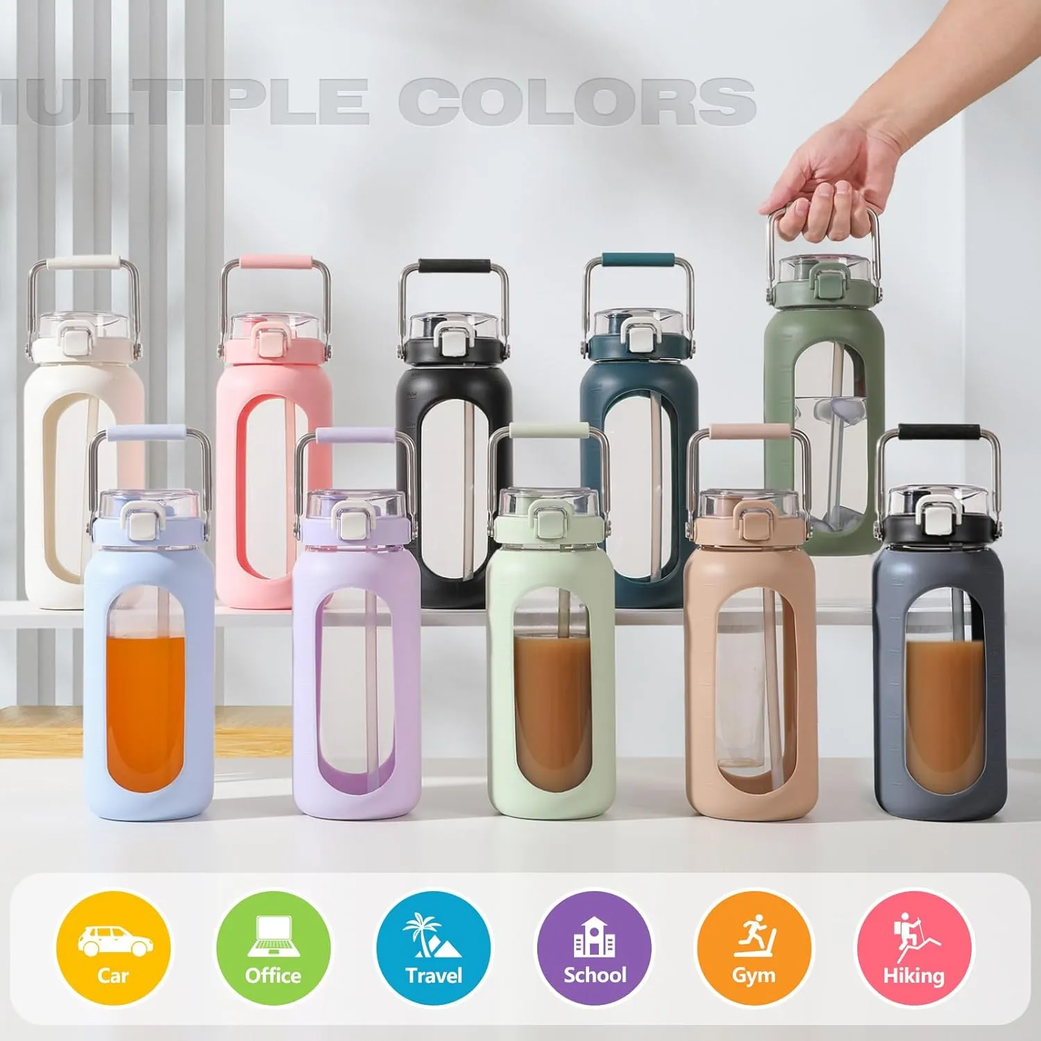 64oz Glass Water Bottle with Straw, Stainless Steel Handle, Motivational Time Marker, Pink