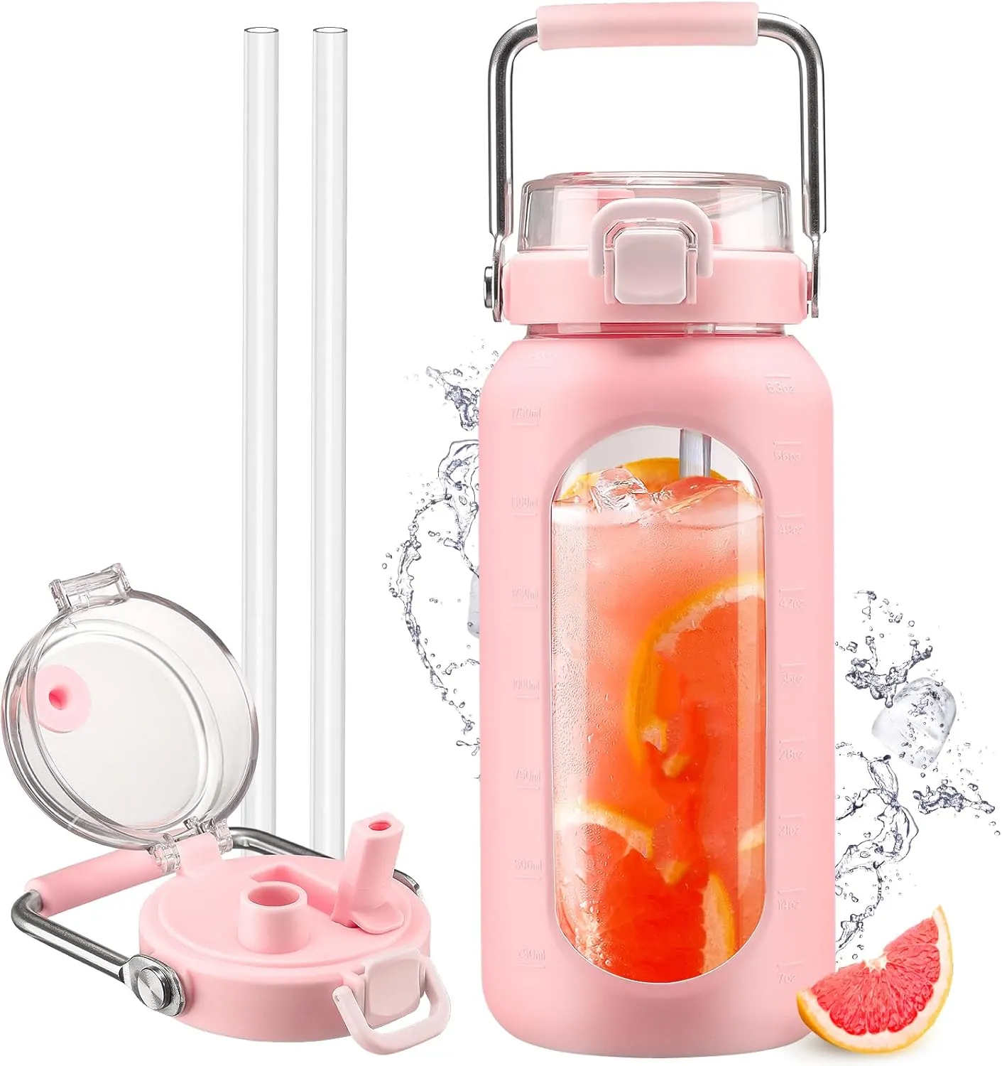 64oz Glass Water Bottle with Straw, Stainless Steel Handle, Motivational Time Marker, Pink