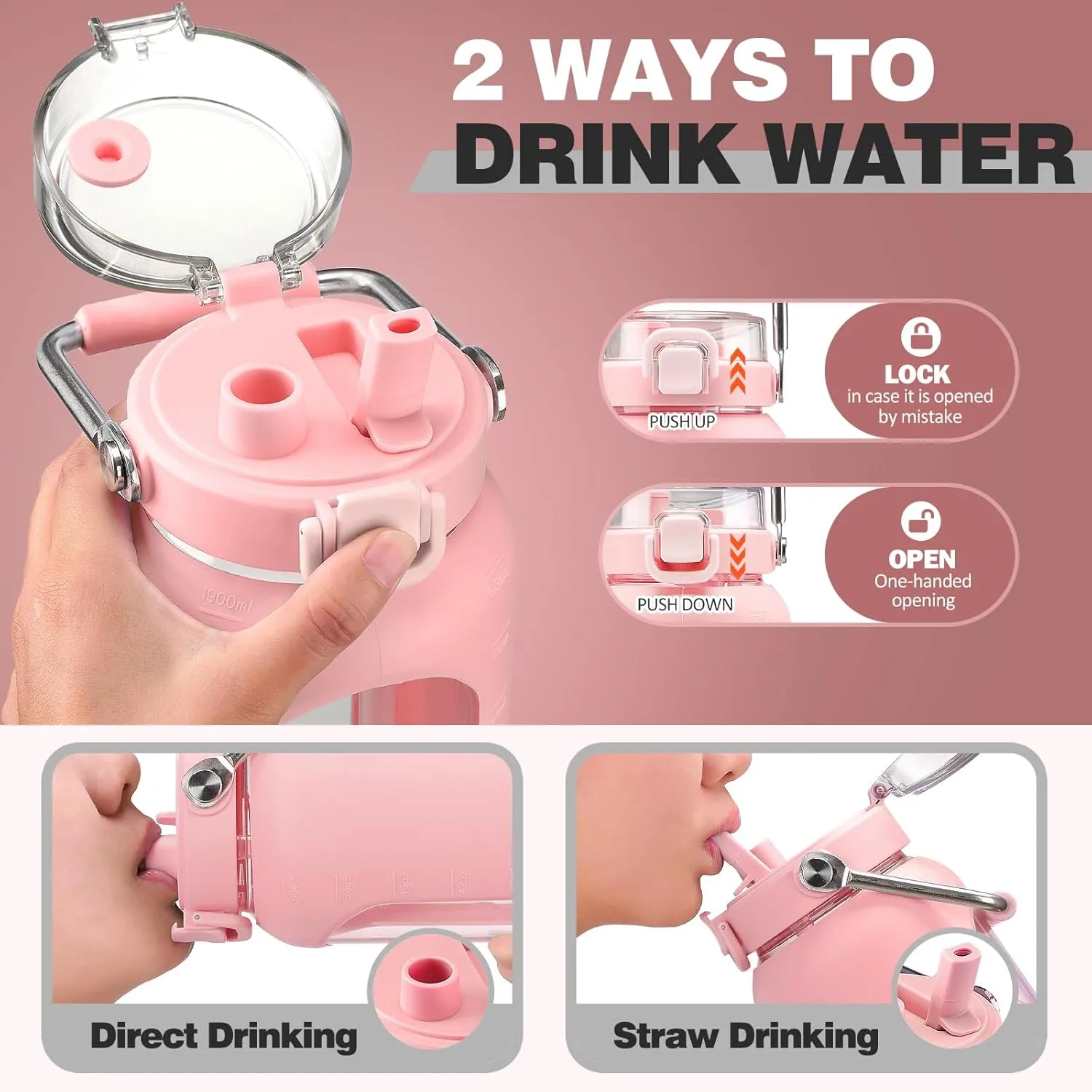 64oz Glass Water Bottle with Straw, Stainless Steel Handle, Motivational Time Marker, Pink