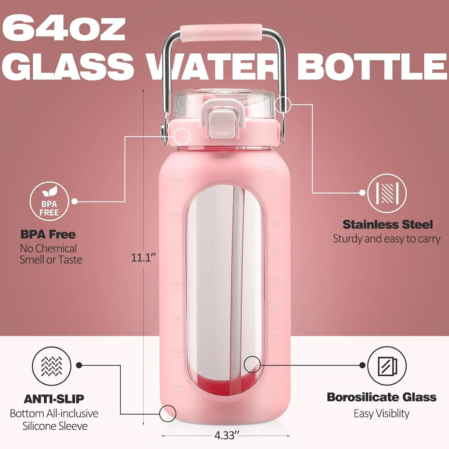64oz Glass Water Bottle with Straw, Stainless Steel Handle, Motivational Time Marker, Pink