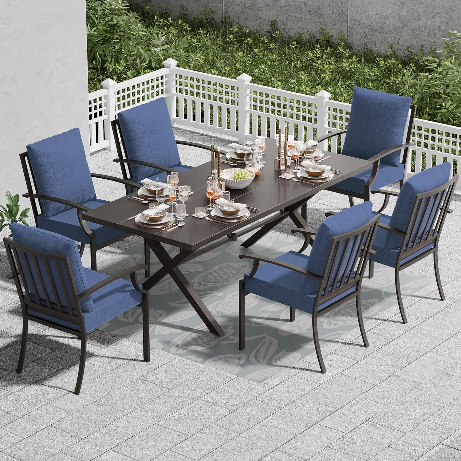 7 Piece Outdoor Dining Table and Chairs for 6, Patio Dining Chairs for 6, Rectangular Patio Dining Table with Umbrella Hole, Lawn Garden