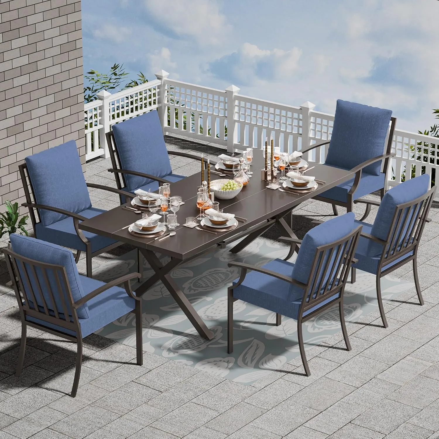 7 Piece Outdoor Dining Table and Chairs for 6, Patio Dining Chairs for 6, Rectangular Patio Dining Table with Umbrella Hole, Lawn Garden