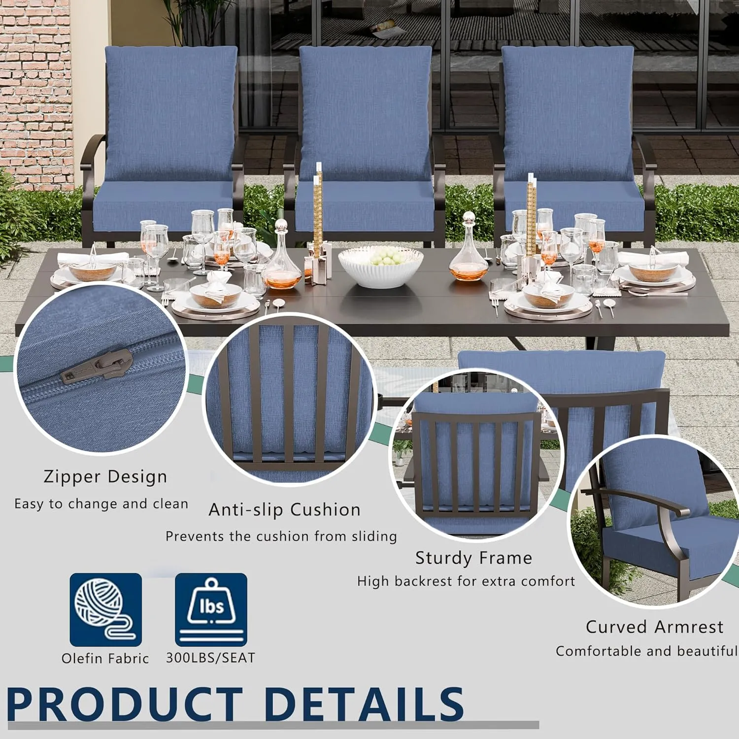 7 Piece Outdoor Dining Table and Chairs for 6, Patio Dining Chairs for 6, Rectangular Patio Dining Table with Umbrella Hole, Lawn Garden
