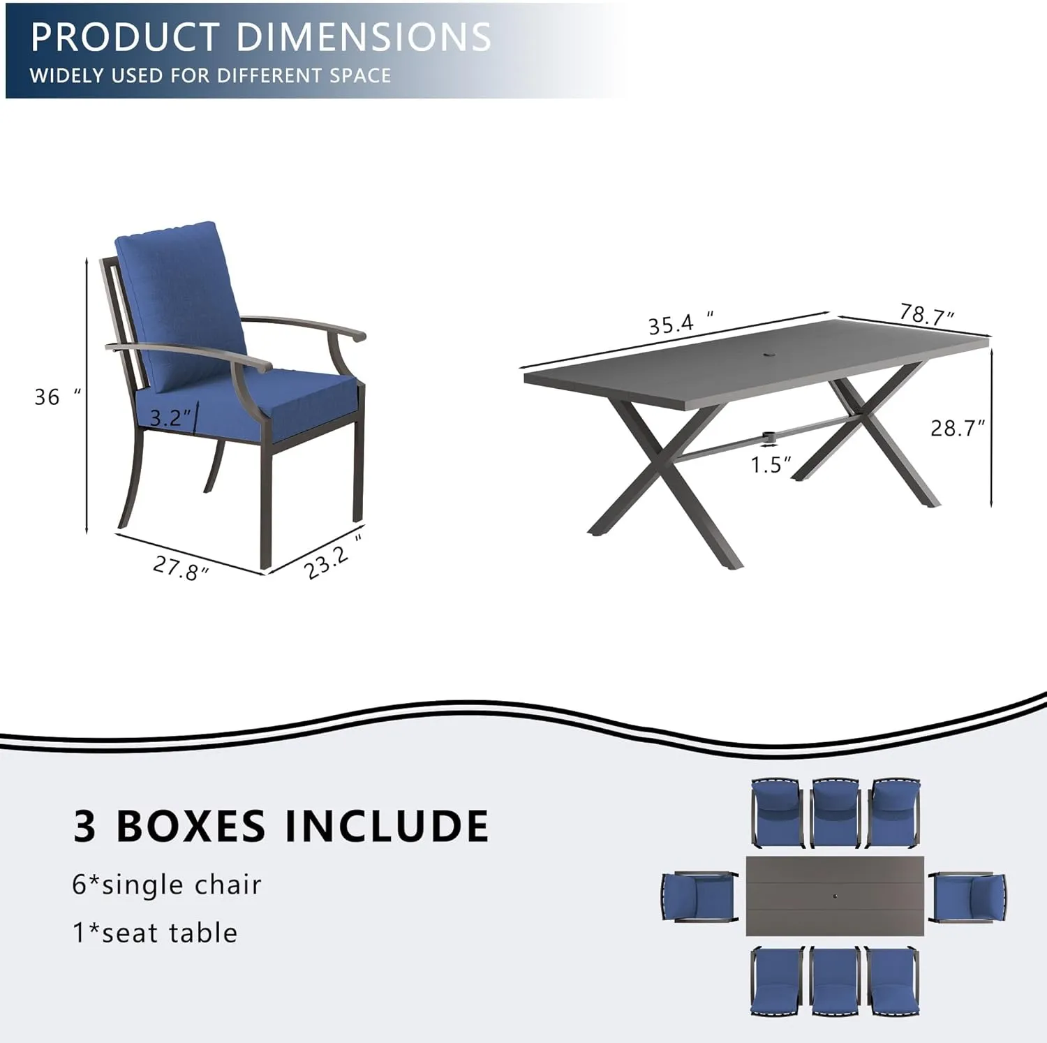 7 Piece Outdoor Dining Table and Chairs for 6, Patio Dining Chairs for 6, Rectangular Patio Dining Table with Umbrella Hole, Lawn Garden
