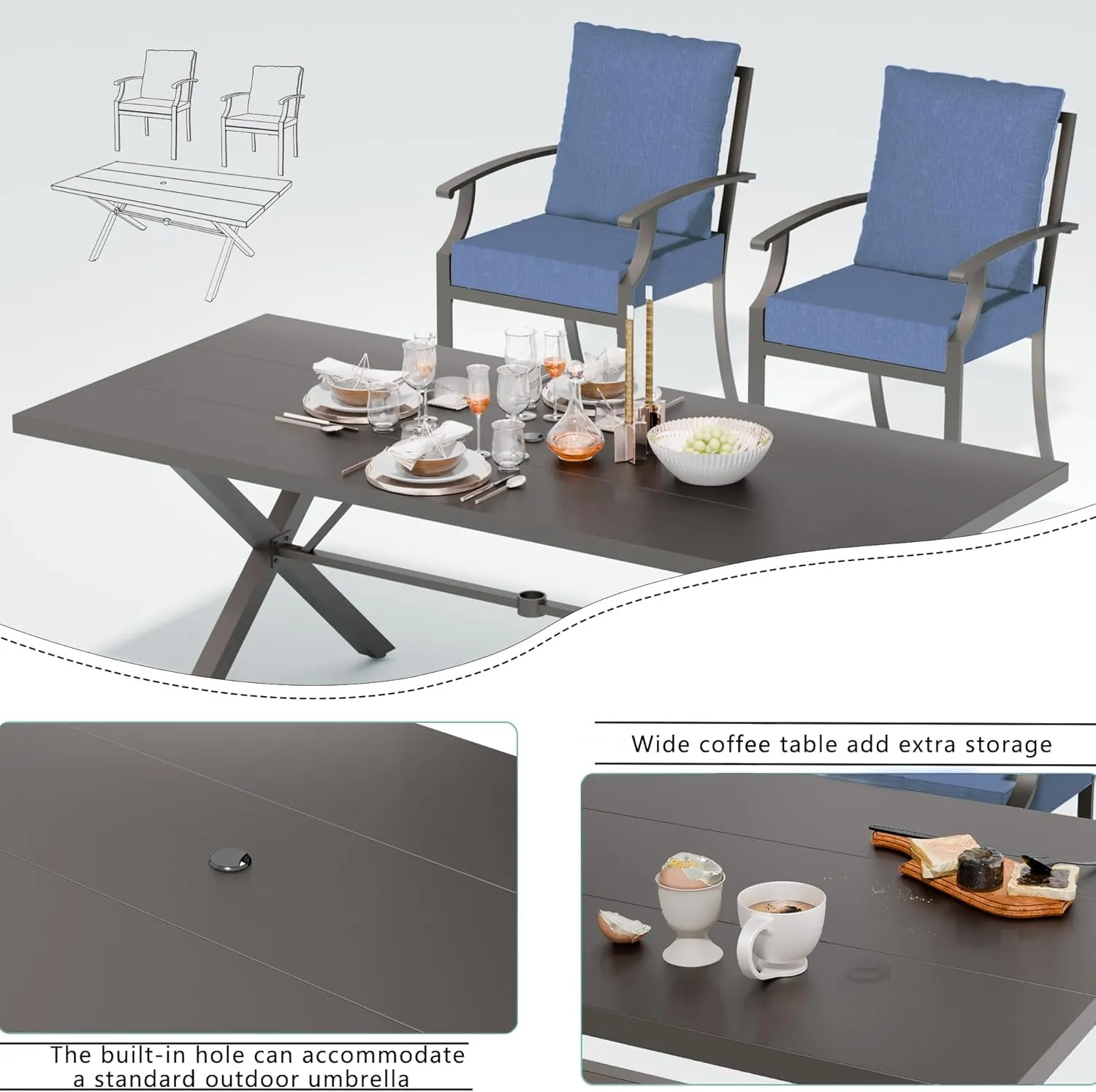 7 Piece Outdoor Dining Table and Chairs for 6, Patio Dining Chairs for 6, Rectangular Patio Dining Table with Umbrella Hole, Lawn Garden