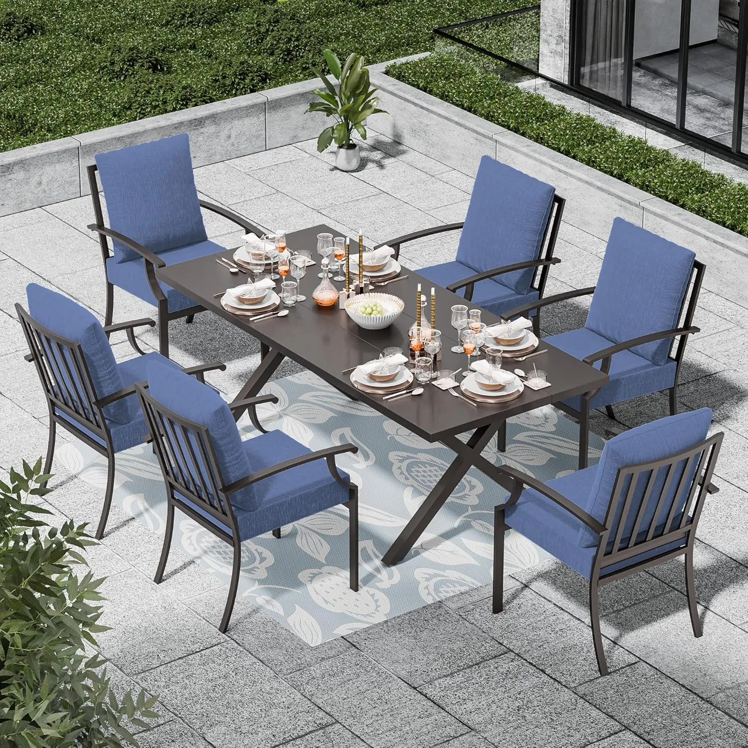7 Piece Outdoor Dining Table and Chairs for 6, Patio Dining Chairs for 6, Rectangular Patio Dining Table with Umbrella Hole, Lawn Garden