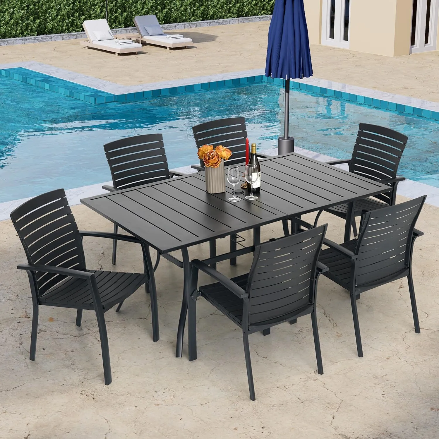 7 Pieces Patio Dining Set, Outdoor Furniture with 6 Stackable Patio Aluminum Chairs & Rectangle Outdoor Dining Table for Backyard Bistro Garden Poolside Black