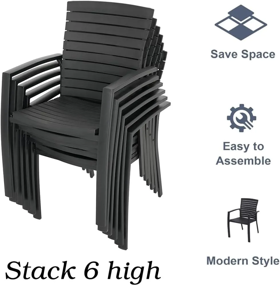 7 Pieces Patio Dining Set, Outdoor Furniture with 6 Stackable Patio Aluminum Chairs & Rectangle Outdoor Dining Table for Backyard Bistro Garden Poolside Black