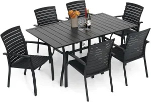 7 Pieces Patio Dining Set, Outdoor Furniture with 6 Stackable Patio Aluminum Chairs & Rectangle Outdoor Dining Table for Backyard Bistro Garden Poolside Black