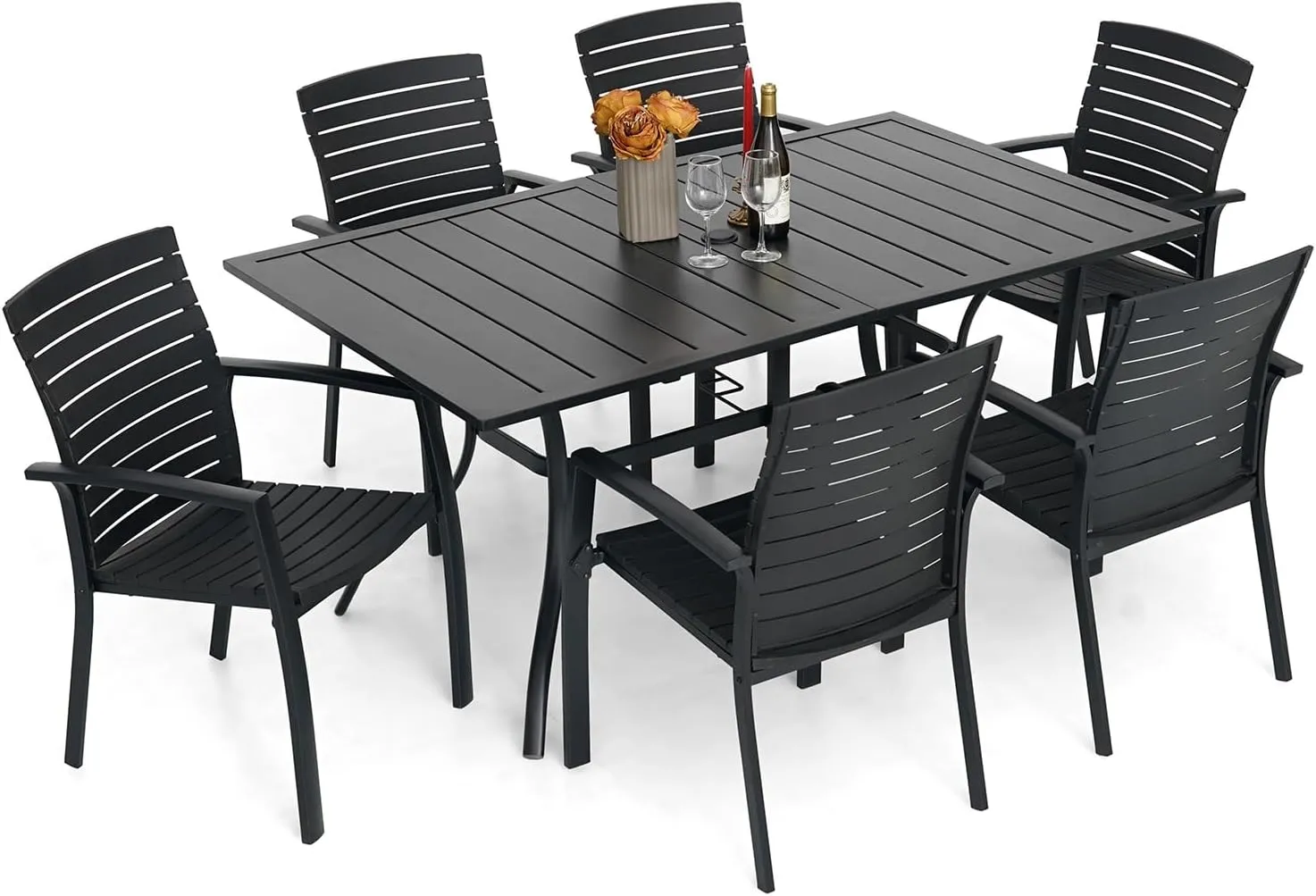 7 Pieces Patio Dining Set, Outdoor Furniture with 6 Stackable Patio Aluminum Chairs & Rectangle Outdoor Dining Table for Backyard Bistro Garden Poolside Black