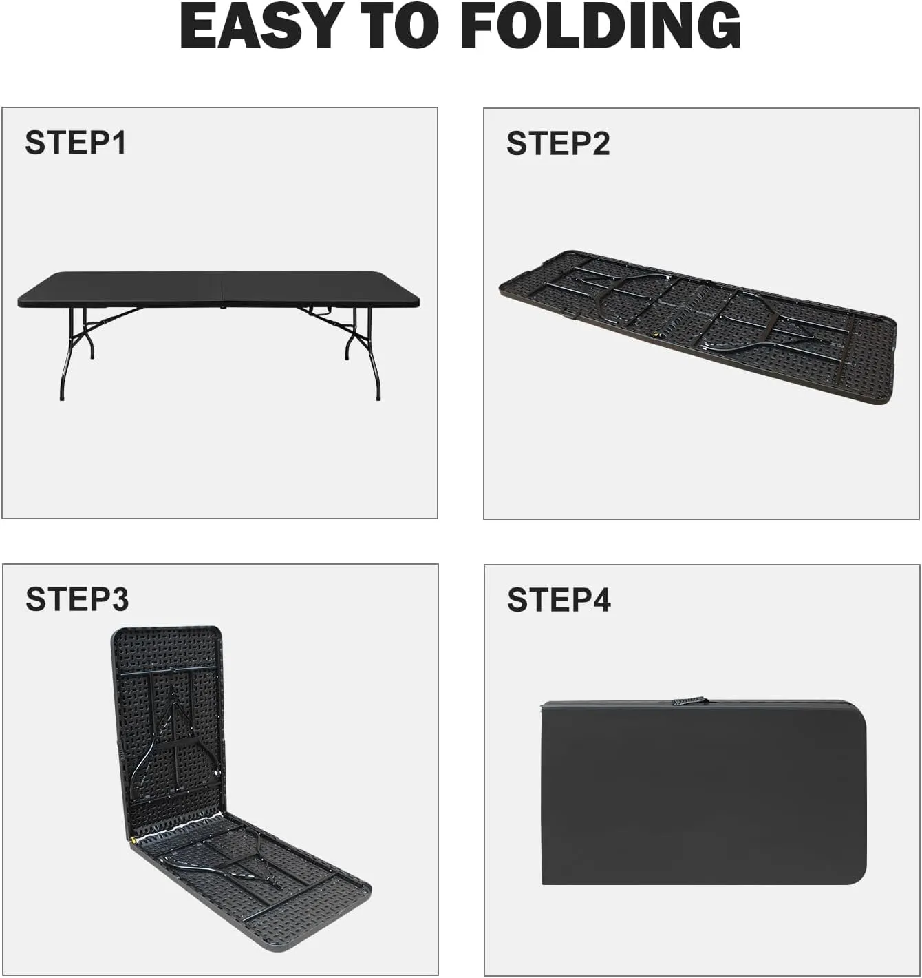 8ft Black Folding Table, Portable Outdoor Heavy Duty Fold Up Table with Handle, Water Resistant Surface, Easy to Carry Fold-in-Half for Dining, Picnics, BBQs, Parties