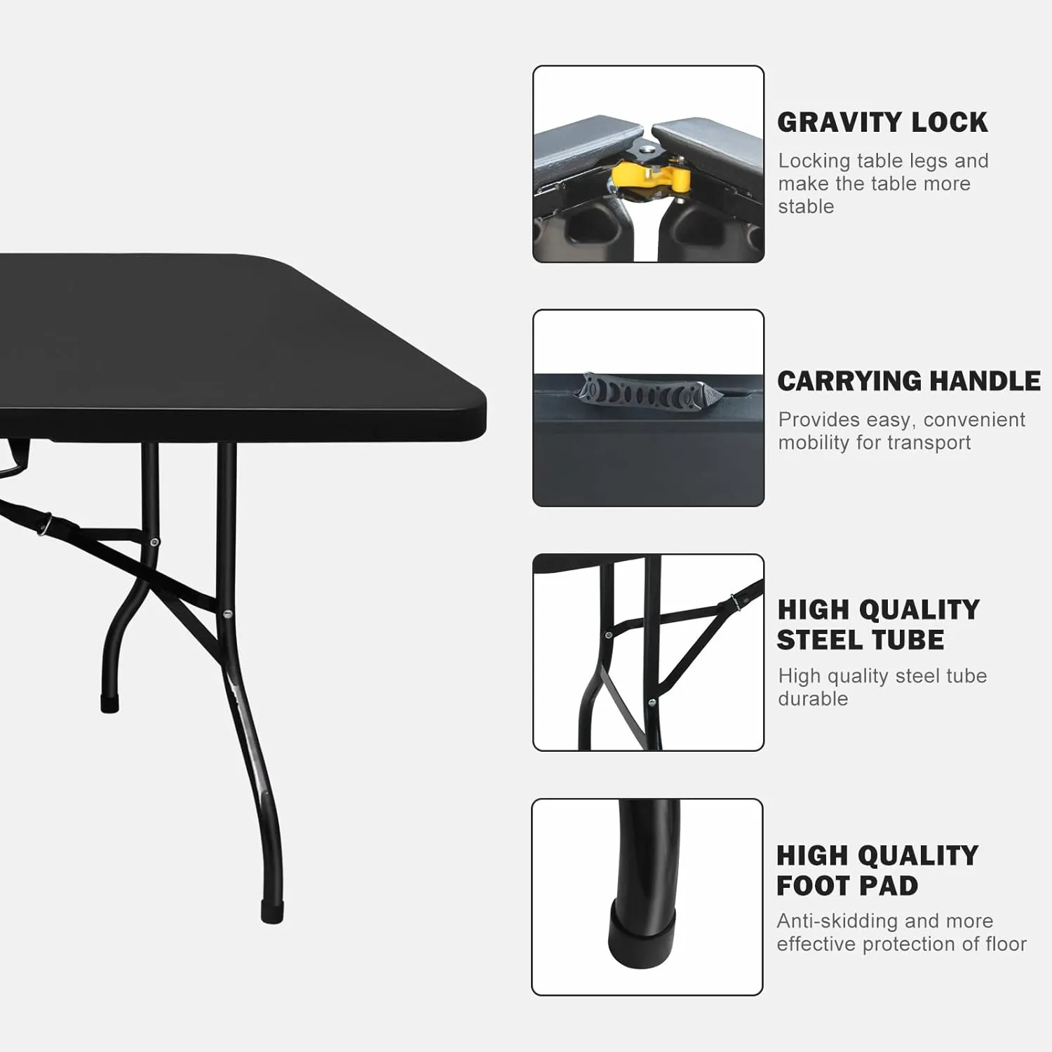 8ft Black Folding Table, Portable Outdoor Heavy Duty Fold Up Table with Handle, Water Resistant Surface, Easy to Carry Fold-in-Half for Dining, Picnics, BBQs, Parties