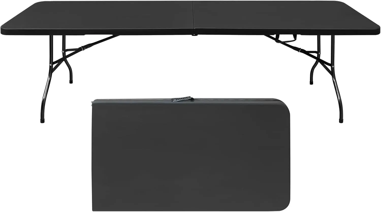 8ft Black Folding Table, Portable Outdoor Heavy Duty Fold Up Table with Handle, Water Resistant Surface, Easy to Carry Fold-in-Half for Dining, Picnics, BBQs, Parties