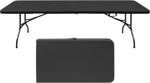 8ft Black Folding Table, Portable Outdoor Heavy Duty Fold Up Table with Handle, Water Resistant Surface, Easy to Carry Fold-in-Half for Dining, Picnics, BBQs, Parties