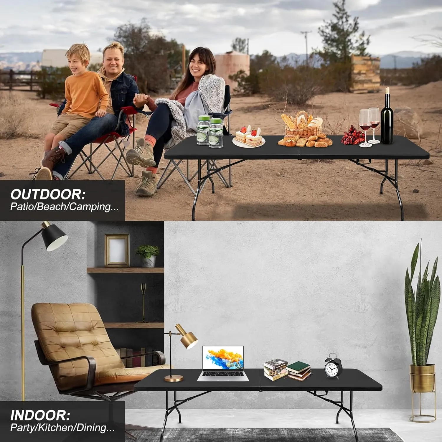 8ft Black Folding Table, Portable Outdoor Heavy Duty Fold Up Table with Handle, Water Resistant Surface, Easy to Carry Fold-in-Half for Dining, Picnics, BBQs, Parties
