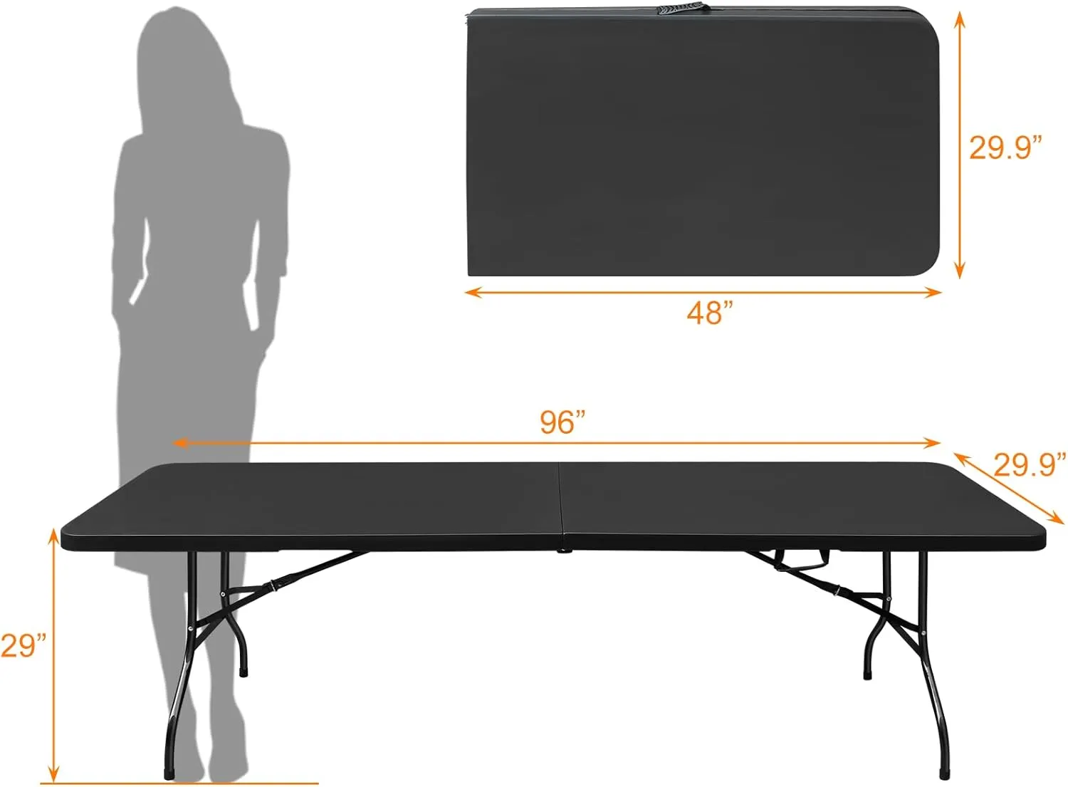8ft Black Folding Table, Portable Outdoor Heavy Duty Fold Up Table with Handle, Water Resistant Surface, Easy to Carry Fold-in-Half for Dining, Picnics, BBQs, Parties