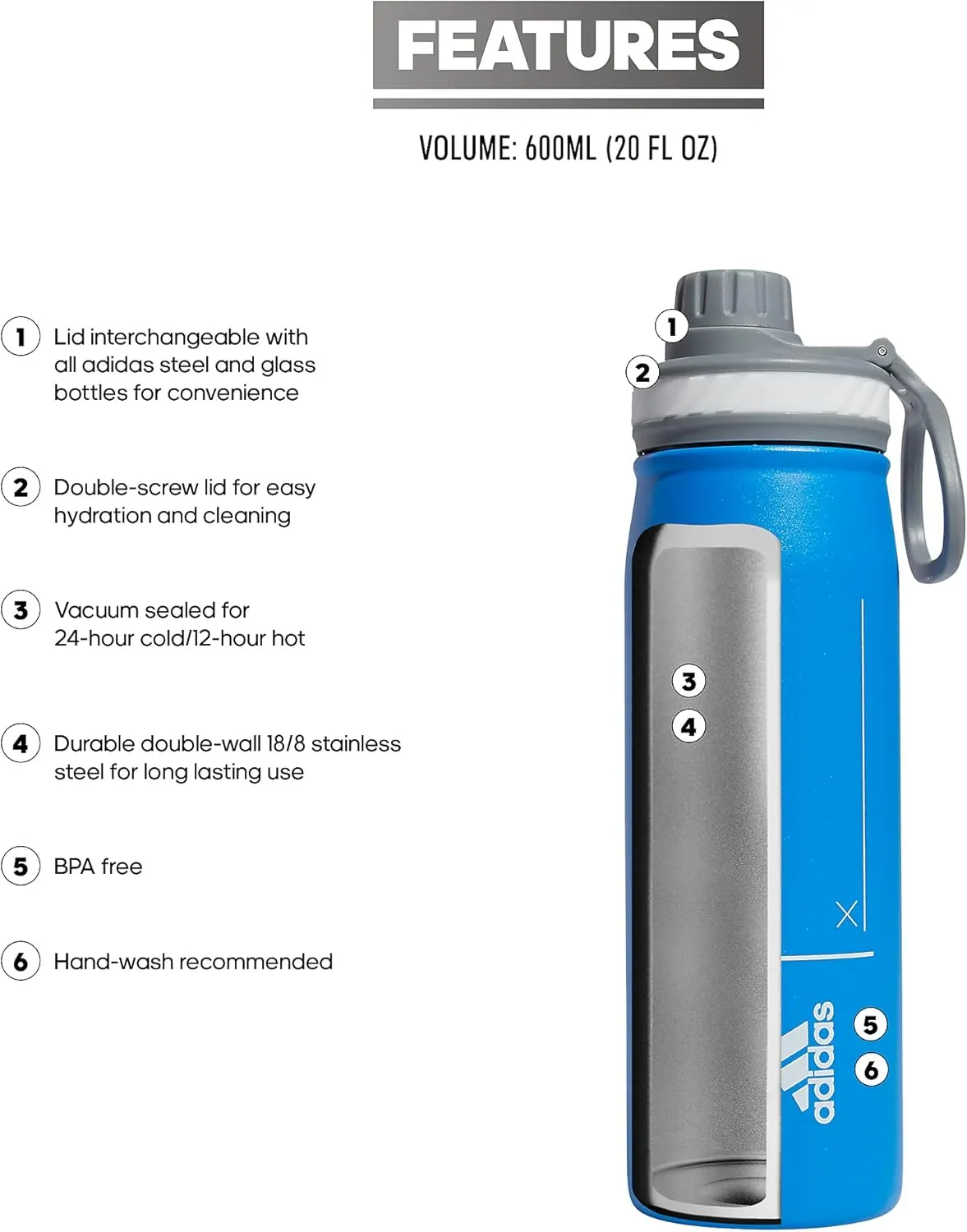 adidas 20 oz Stainless Steel Water Bottle, Insulated Double-Walled 18/8 Metal, Men, Women, Girls and Boys