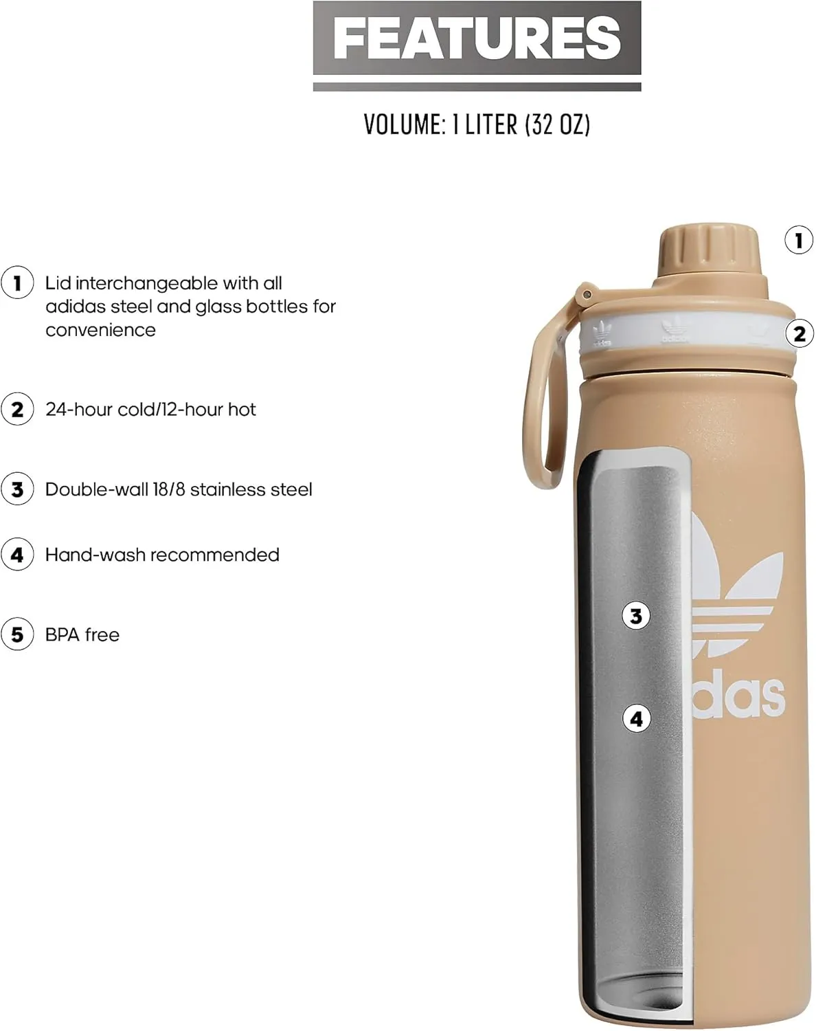 adidas Originals 600 ML (20 oz) Metal Water Bottle, Hot/Cold Double-Walled Insulated 18/8 Stainless Steel