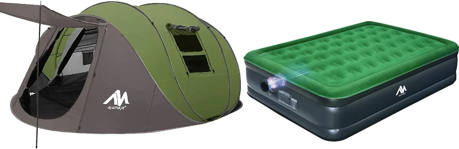 Air Mattress   Pop Up Tent, Queen Inflatable Airbed with Built-in Derachable Electric Pump, 6 Person Double Layer Tent for Outdoor Camping