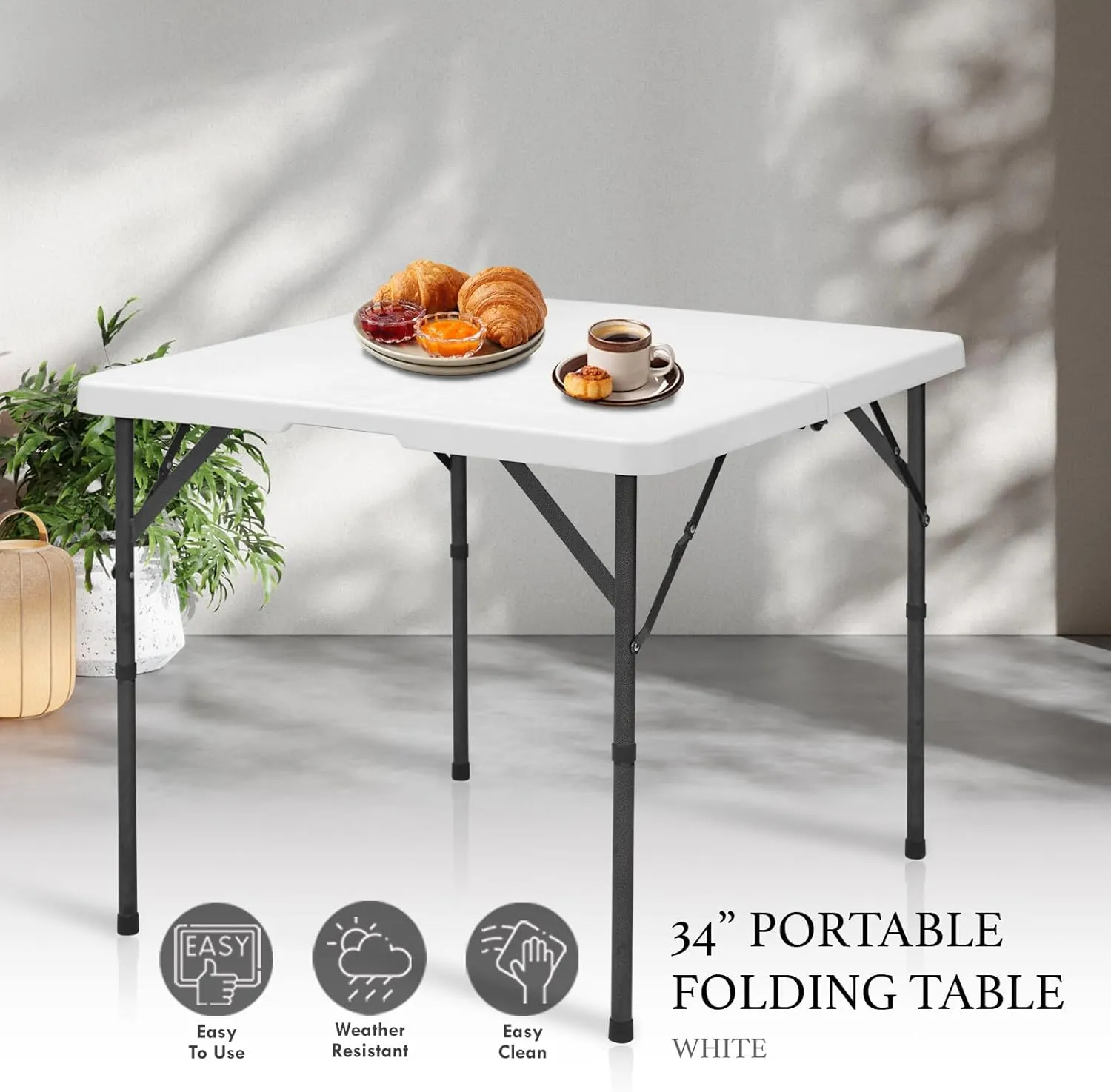 AJP Distributors 3 Foot Portable Plastic Square Folding Card Table 3FT 34" Half Foldable Heavy Duty Top w/Carry Handle - Indoor Outdoor Camping Picnic Party Wedding Dining Office Event Meeting White
