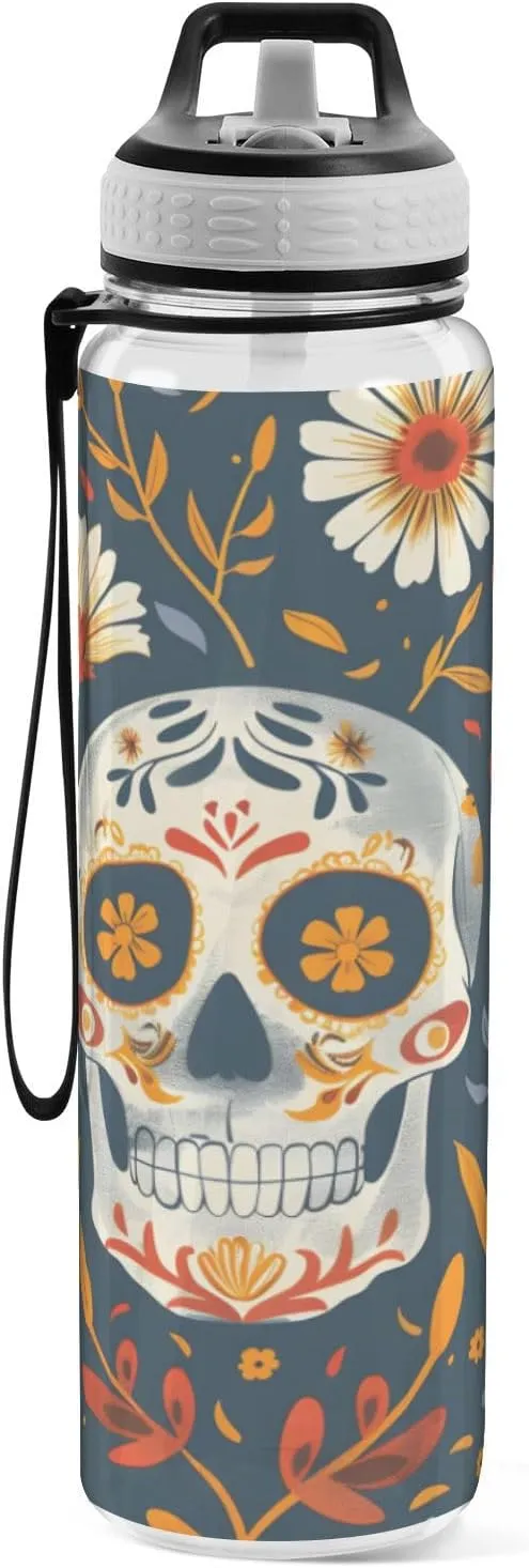 ALAZA Skeletons Gothic Skull Flowers Sport Water Bottle with Straw Lid 32 oz Clear Bottle BPA Free Tritan Plastic Leakproof Jugs Large Flip Top for Kids Boys Girls