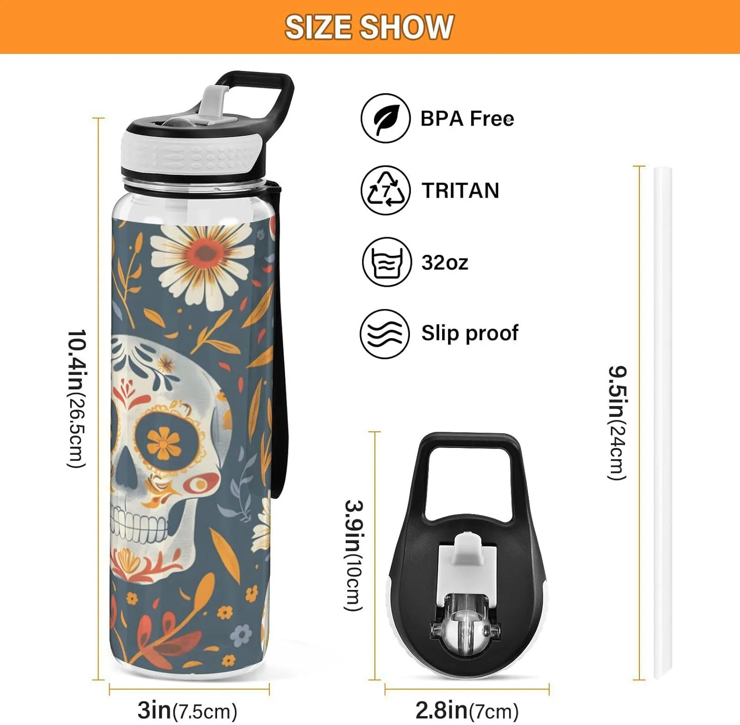 ALAZA Skeletons Gothic Skull Flowers Sport Water Bottle with Straw Lid 32 oz Clear Bottle BPA Free Tritan Plastic Leakproof Jugs Large Flip Top for Kids Boys Girls