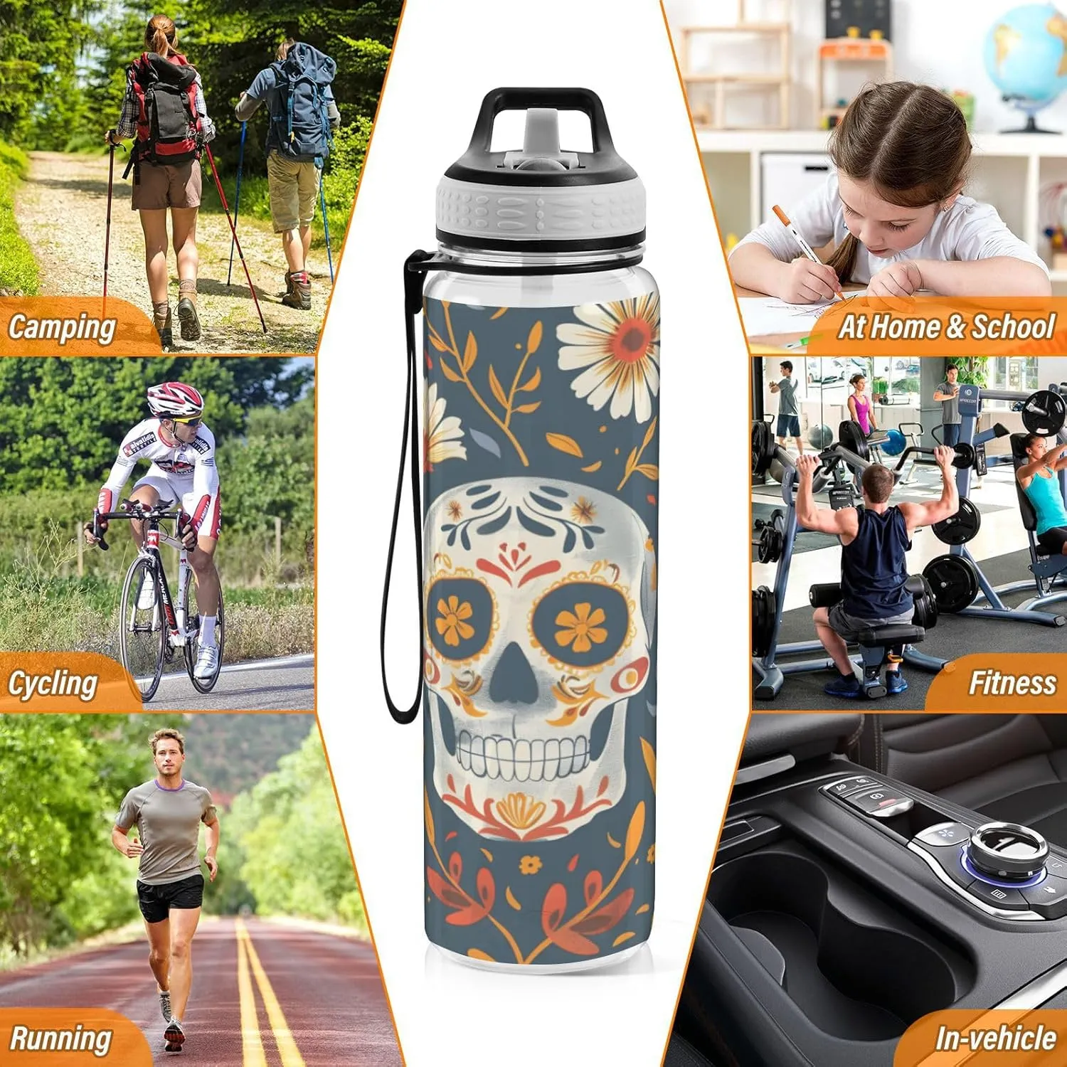 ALAZA Skeletons Gothic Skull Flowers Sport Water Bottle with Straw Lid 32 oz Clear Bottle BPA Free Tritan Plastic Leakproof Jugs Large Flip Top for Kids Boys Girls