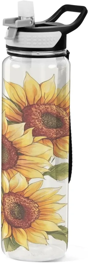 ALAZA Sunflower Bouquet Water Bottle with Straw Lid 32oz Leakproof Sport Water Bottle Clear Large Gym Water Jug for Women Men Outdoor