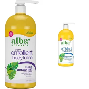 Alba Botanica Very Emollient Body Lotion, Unscented Original and Maximum Dry Skin Formula, 32 Oz Each