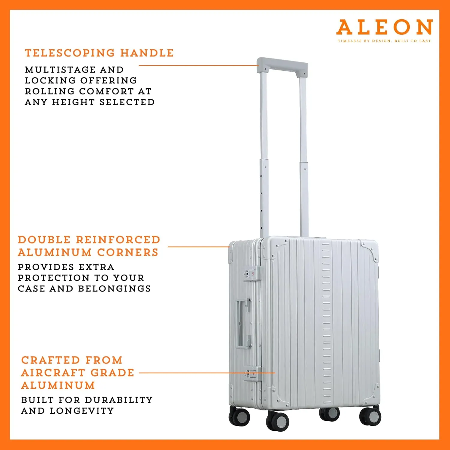 Aleon 21" Aluminum International Carry-On Hardside Suitcase with Durable Hardshell, TSA Approved Heavy Duty Spinner Wheels, Rolling Travel Bag for Airplane, Premium All Aluminum Luggage (Platinum)