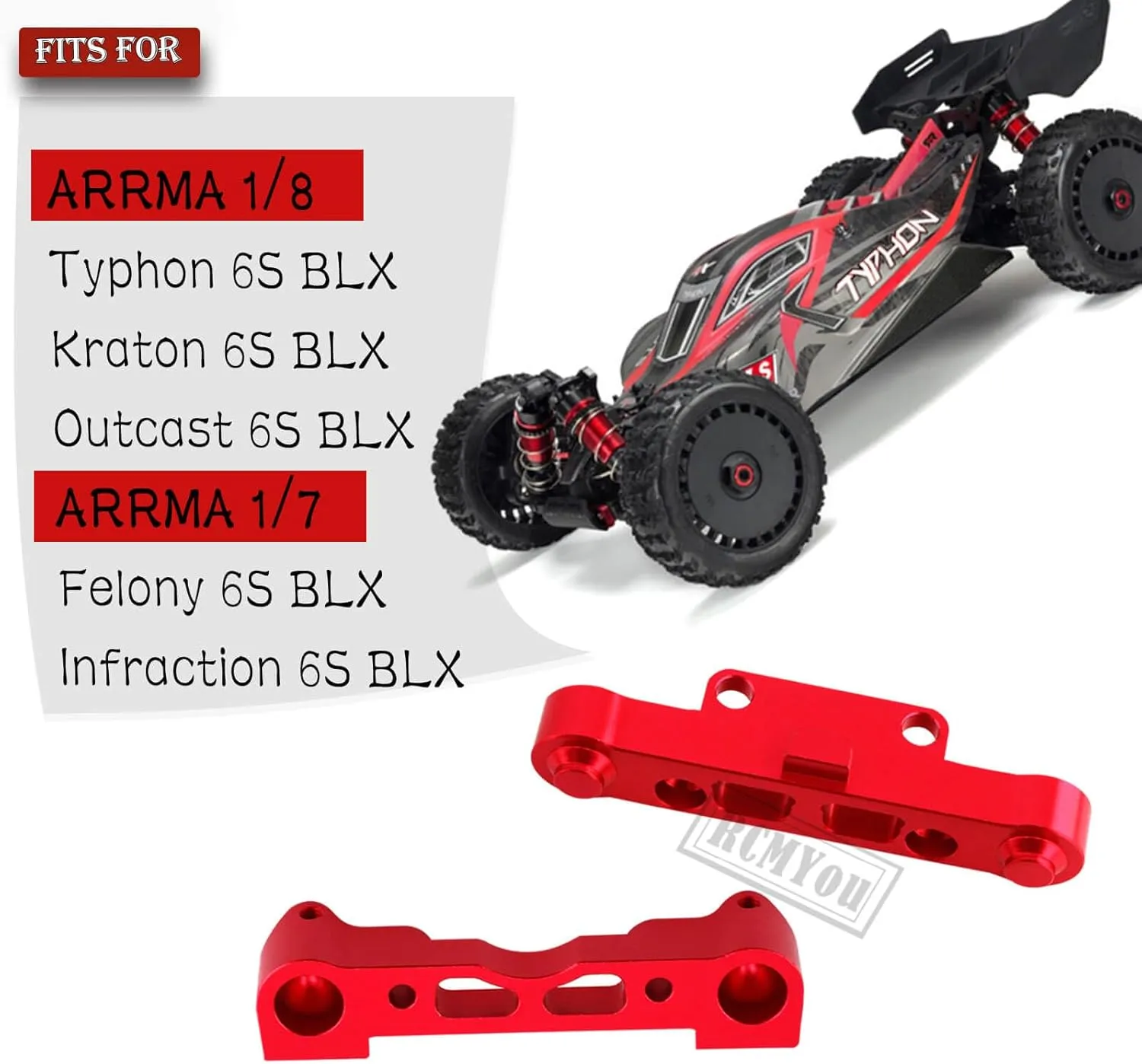 Alloy Arm Suspension Mount Upgrades Part for Arrma 1/8 kraton 6s,Outcast 6s,Typhon 6s / 1/7 Felony 6s,Infraction 6s,Aluminum Front Lower/Front Upper/Rear Lower Arm Suspension Mount,Red