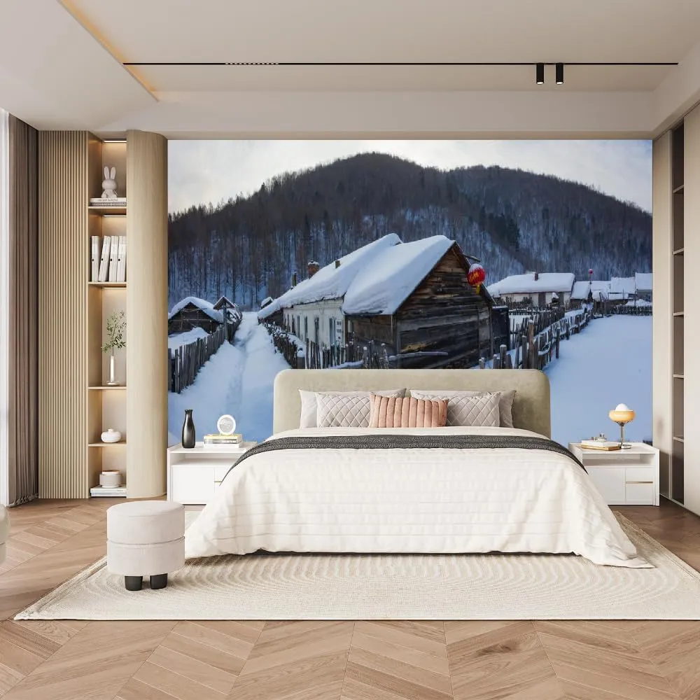 Alpine Forest Wall Decals Wallpapers, Snow Cabin Peel and Stick Mural,for Bedroom Restaurant Living Room Sofa Living Room TV Background Wall Paintings,118" W x 82.7" H