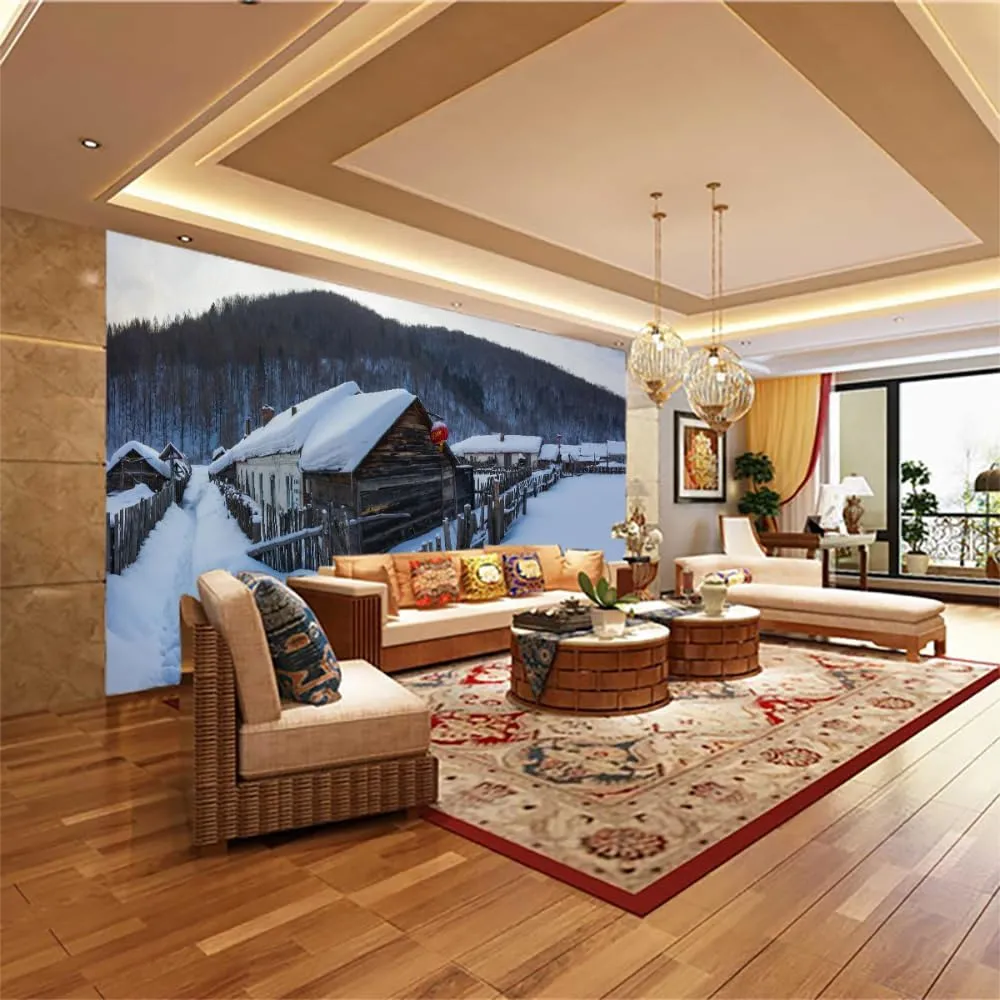 Alpine Forest Wall Decals Wallpapers, Snow Cabin Peel and Stick Mural,for Bedroom Restaurant Living Room Sofa Living Room TV Background Wall Paintings,118" W x 82.7" H